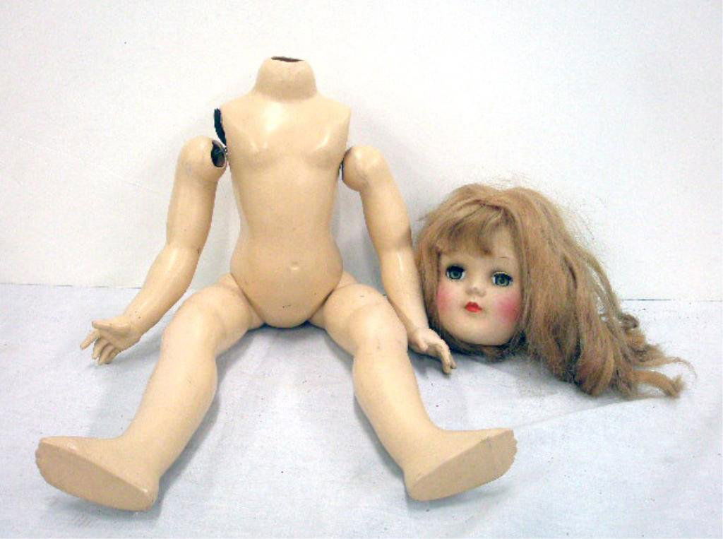 1960's Ideal Hard Plastic Doll: 1960's Ideal Toy Company hard plastic 19 1/2" young girl doll with sleep eyes. CONDITION: Detached head, areas with wear.