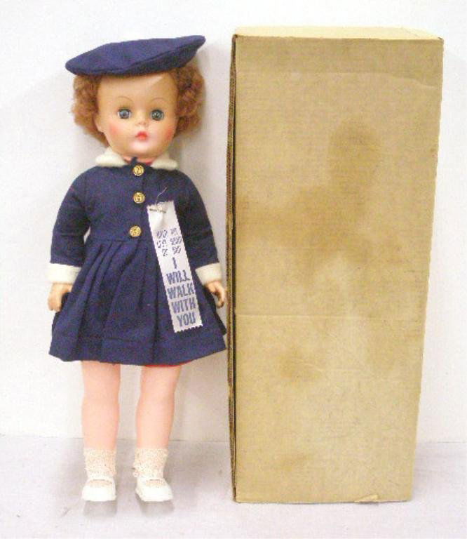 1950's Debbi Eve Walking Doll: 1950's hard plastic No. 15-257 Debbi Eve 21" Walking Doll with box. CONDITION: Very good with no damage, box has wear.