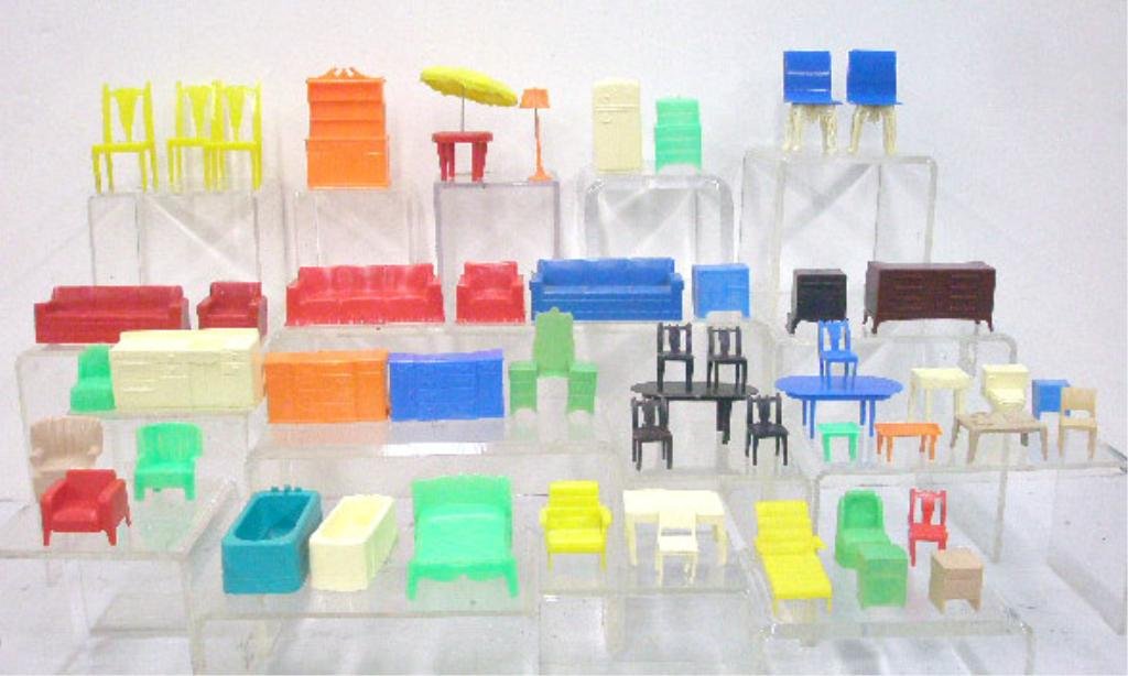 1960's & 1970's Plastic Dollhouse Furniture: Lot of 50 pieces of assorted 1960's & 1970's hard plastic dollhouse furniture. CONDITION: All have some form of wear.