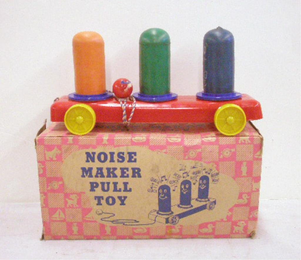 1950's Jaymar Pull Toy: 1950's Jaymar Specialty Company plastic & rubber Noise Maker Pull Toy with box. CONDITION: Scary & Sleepy squeak when squeezed, Happy doses not squeak, very good with no damage, box have wear & tearin
