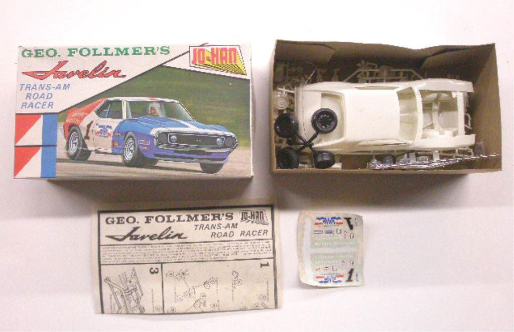 Geo. Follmer's Javelin Trams-AM Model Kit: 1960's Jo-Han Models Inc. Geo. Follmer's Javelin Trans-AM Road Racer model kit with box. CONDITION: Unassembled, appears to be complete but may have missing pieces, box has wear.