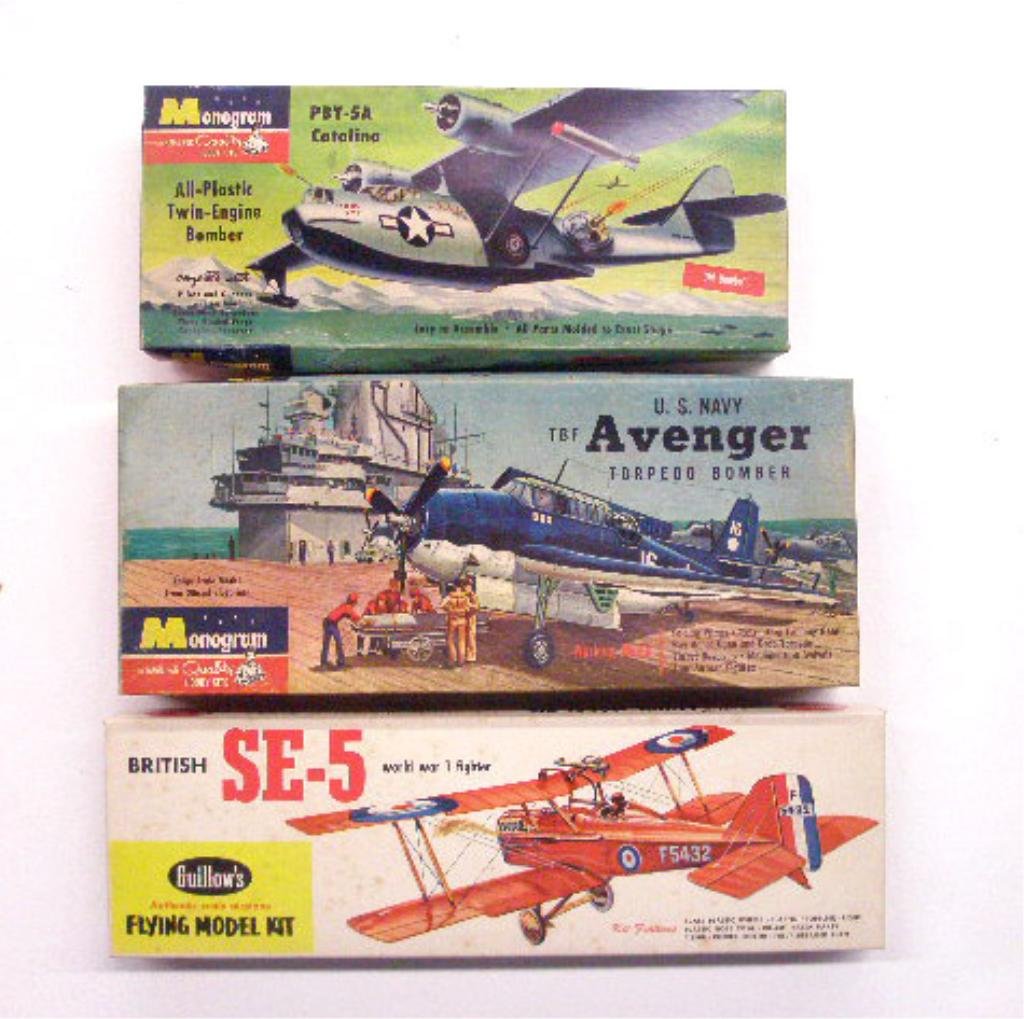 1950's Airplane Model Kits: Three 1950's airplane model kits with boxes, Monogram Models Inc. PBY-5A Twin-Engine Bomber and U.S. Navy TBF Avenger Torpedo Bomber and Paul K. Guillow British SE-5 World War 1 Fighter. CONDITION: Al