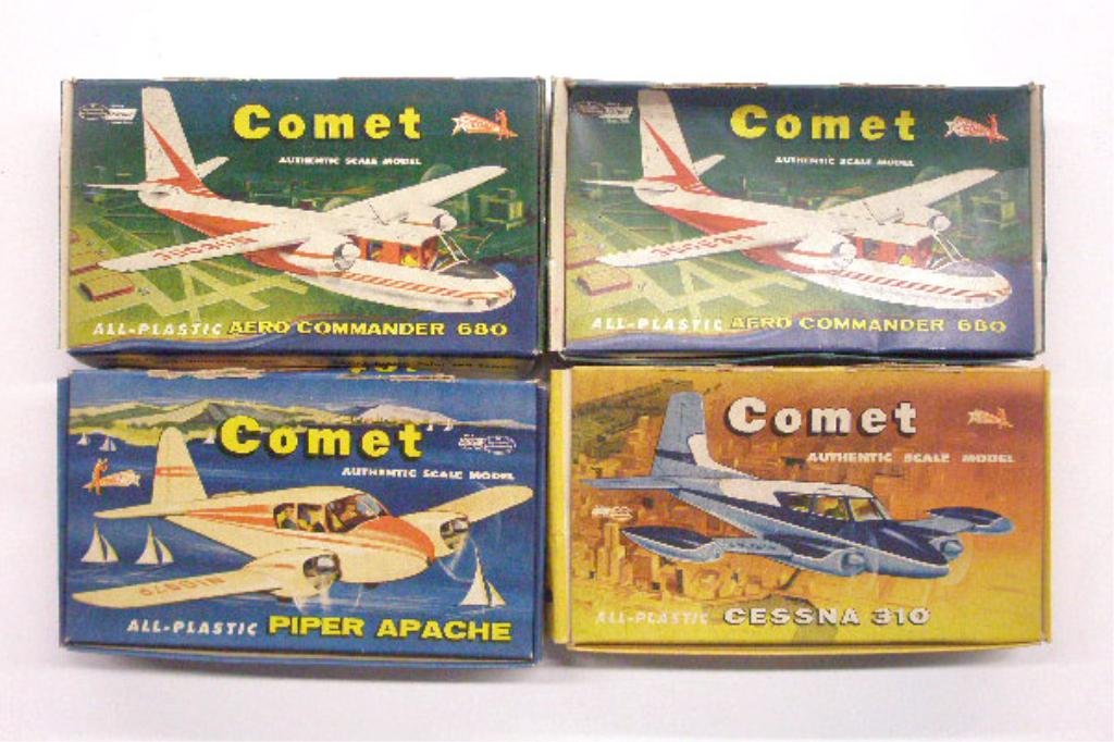 1950's Comet Airplane Model Kits: 1950's Comet Model Hobby Craft Inc. airplane model kits with boxes, (2) Aero Commander 680, Piper Apache and Cessna 310. CONDITION: All are unassembled and appear to be complete but may have missing p