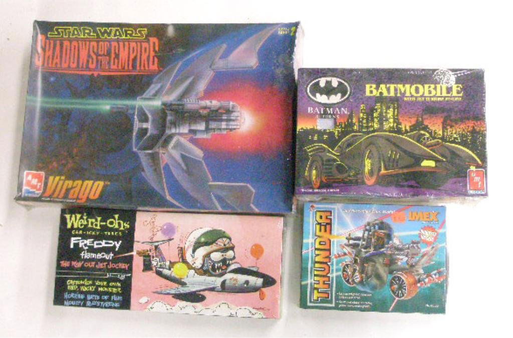 1990's & 2000's Boxed Model Kits: Four 1990's & 2000's boxed model kits, AMT Ertl Batmobile and Star Wars Shadow of The Empire Virago, Hawk Weird-Ohs Freddy Flameout and Imex Thunder, all sealed in boxed packaging. CONDITION: Very goo