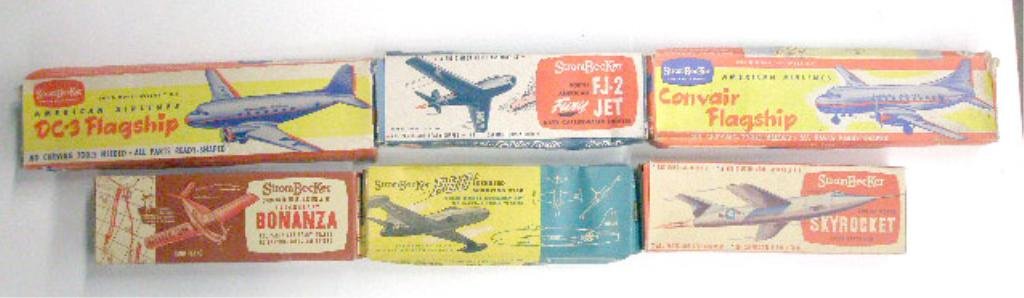 1950's Strom-Becker Airplane Model Kits: Six 1950's Strom-Becker Mfg. Co. wood airplane model kits with boxes, P-80 Lockheed Shooting Star, Douglas D-588-2 Skyrocket Flying Swordfish, Beechcraft Bonanza, North American FJ-2 Fury Jet, America