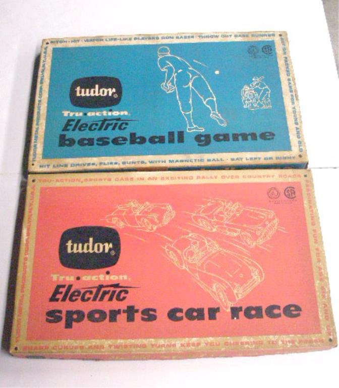 Tudor Tru Action Baseball & Car Race Games: 1950's Tudor Metal Products Corporation Tru Action Electric Baseball and Sports Car Race games with boxes. CONDITION: Baseball does not work, sports car race works, both have minor wear, boxes have we