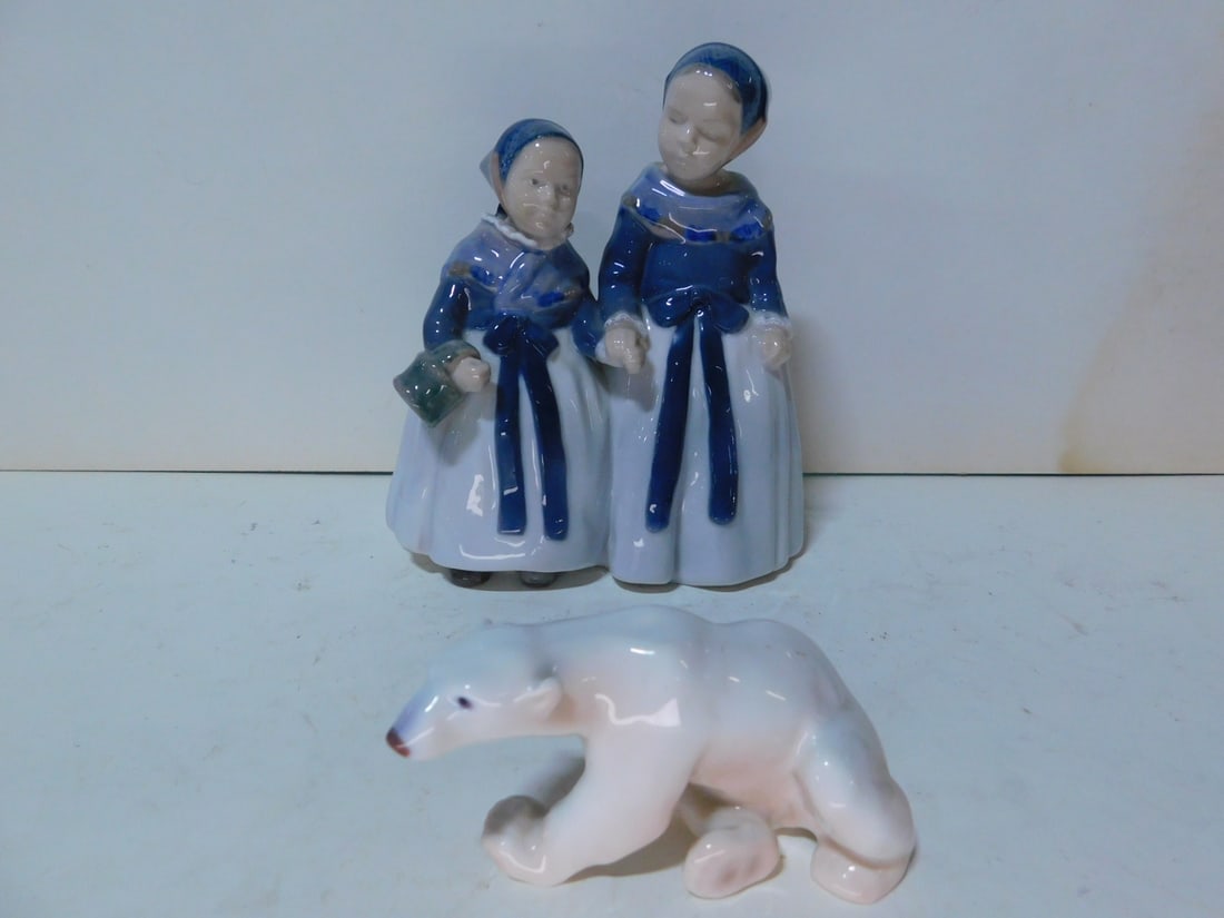 Denmark Porcelain Figures: Denmark Porcelain Figures, includes: Royal Copenhagen two standing sister figures #1316, 7 1/2" x 6" and a B & G polar bear, 4 1/2" x 2 1/2". CONDITION: Very fine.