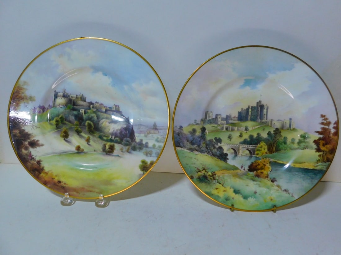 2 Minton Decorated Plates: Two Minton Decorated Plates, England bone china, hand painted castle / landscape; "Edinburgh Castle" and "Alnwick Castle", 10 1/2"d. CONDITION: Very fine.