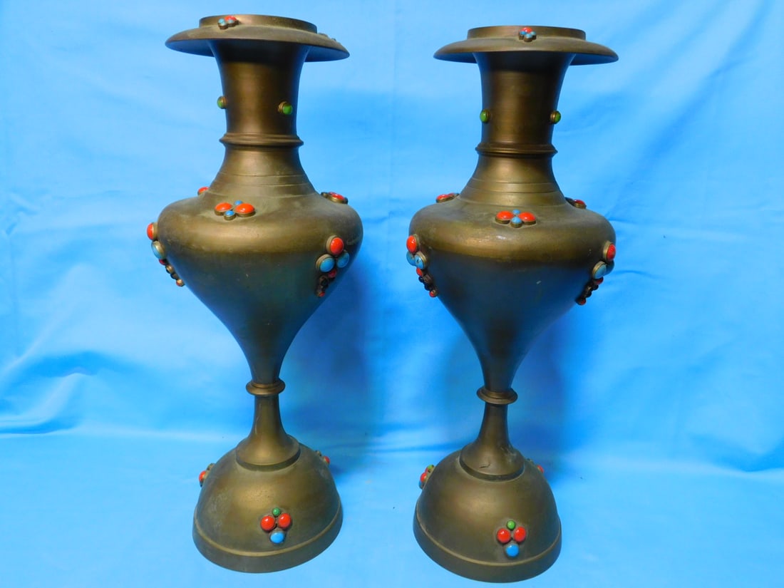 Pr Jeweled Brass Vases (1 of 2)