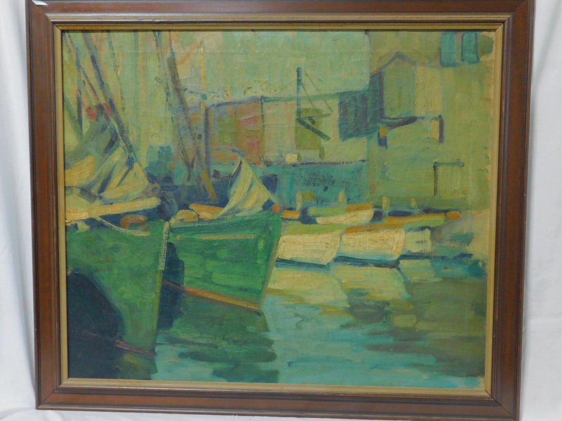 Ellery Signed, Harbor Painting: Ellery Signed, Harbor Painting, signed on stretcher, oil on canvas, boats in harbor, wood frame, 29 1/2" x 34 1/2". CONDITION: Good.