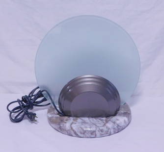 MCM Gong Table Lamp: MCM Gong Table Lamp, Bruno Gecchelin design, circa 1980s marble base, gray textured enameled metal, frosted glass, approx. 15" x 13 1/2" x 10". CONDITION: Very fine.