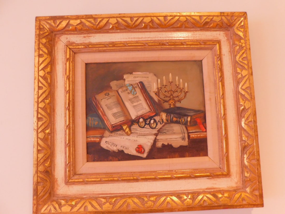 Janos Czene, Still Life: Janos Czene, Still Life, Hungarian school, 1904 - 1984, labeled on verso, Judaica still life with books, candelabra and eye glasses, oil on canvas, white painted and carved gilt frame. CONDITION: Very