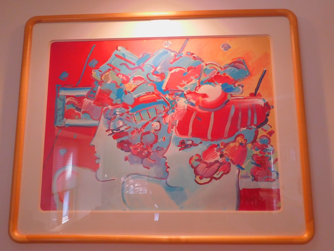 Large Peter Max Signed Serigraph: Large Peter Max Signed Serigraph, American Pop Artist, b. 1937; pencil signed, 79 / 300, with embosses seals, "Two Women with Hats", circa 1988, image 29 1/2" x 39", matted in wood frame 39" x 48 1/2"