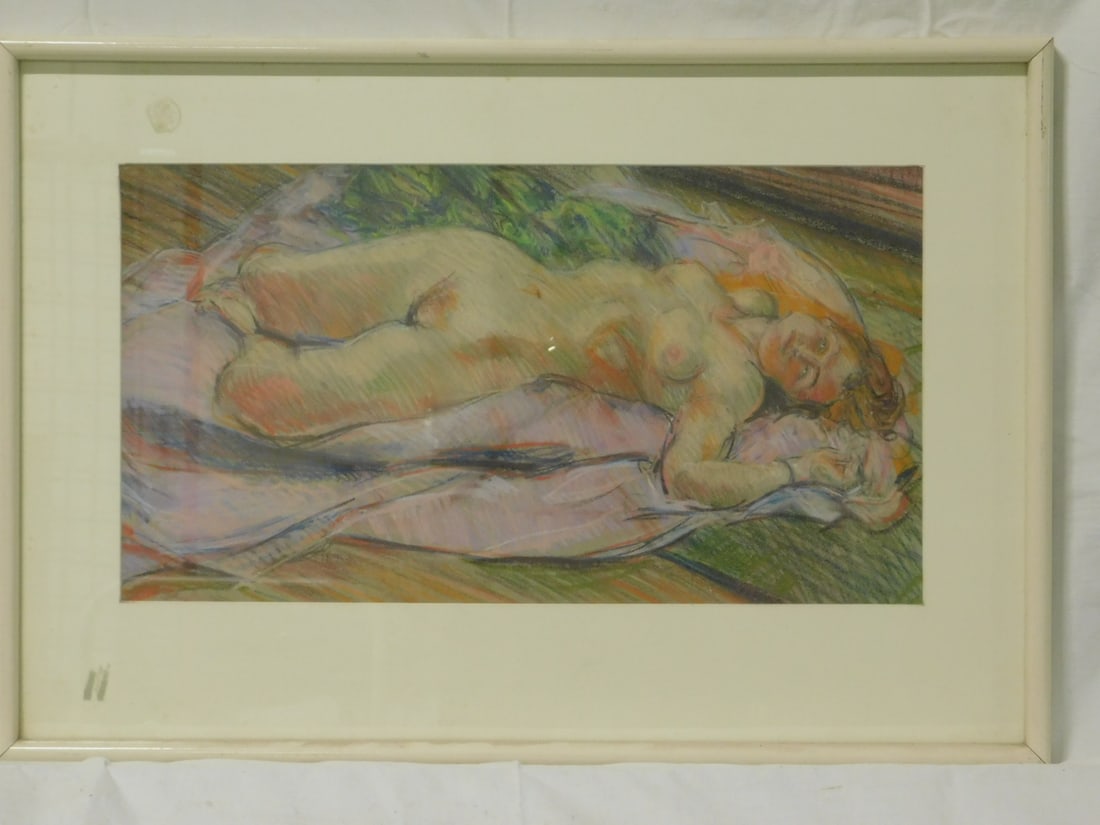Wm Wendt - Female Nude Painting: Wm Wendt - Female Nude Painting, 20th C. American,signed on verso, pastel, reclining female nude on mauve and green blankets, matted in white frame, 20" x 29". CONDITION: Very fine. Not examined out o