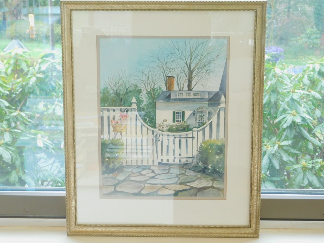 Framed D. Huxster watercolor: Framed D. Huxster watercolor, house with white gate, signed lower right, 1990, matted in silver 26" x 21 1/2" frame. Condition: excellent