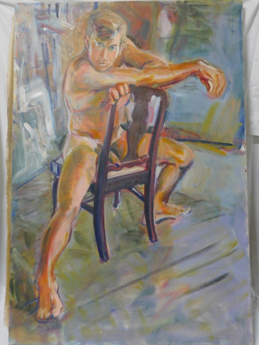Wm Wendt Male Nude Painting: Wm Wendt Male Nude Painting, 20th C, American, signed on verso, '90, oil on canvas, male nude seated on a chair, unframed, 50" x 34". CONDITION: Very fine.