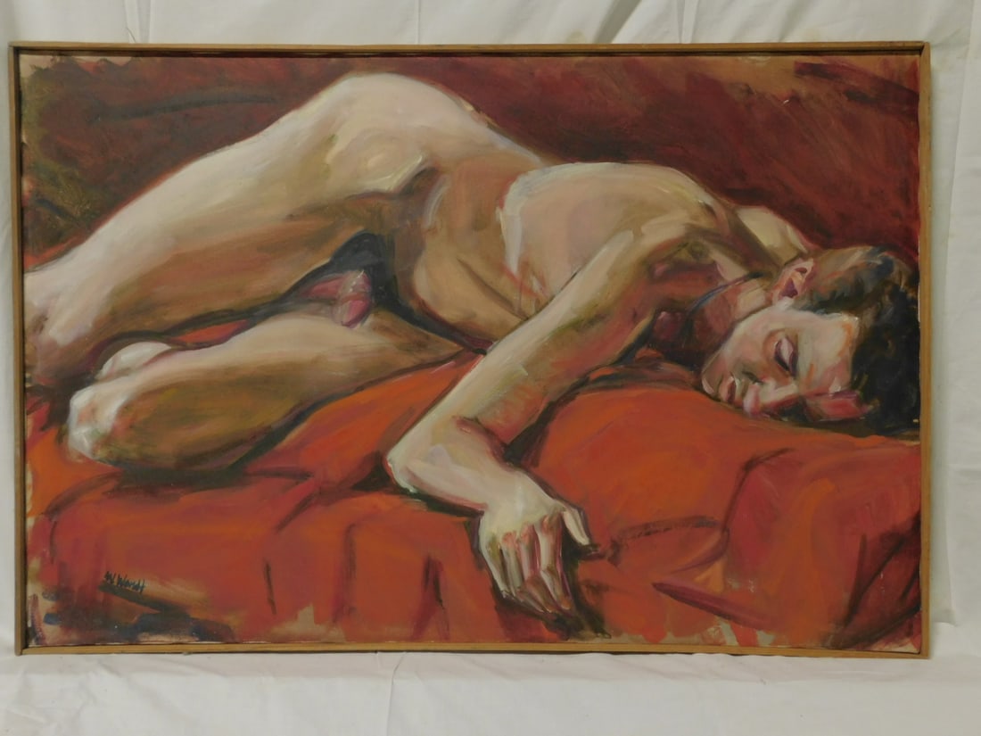 Wm Wendt Nude Painting: Wm Wendt Nude Painting, 20th C. American, signed, oil on canvas, reclining male nude on red bed, 24" x 36". CONDITION: Very fine.