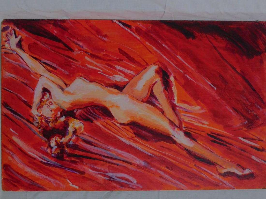 Wm Wendt, Female Nude Painting: Wm Wendt, Female Nude Painting, 20th C, American, signed on verso, oil on masonite, Marilyn Monroe nude on red blanket, unframed, 24" x 15". CONDITION: Bent corners, two very fine scratches.