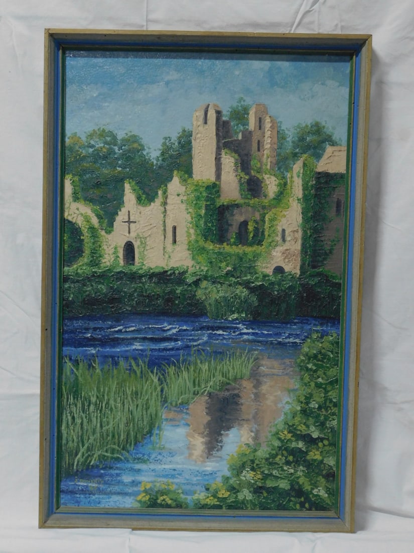 J. Doherty, Church Painting: J. Doherty, Church Painting, signed, '69, oil on masonite, landscape with S. American church ruins, wood frame, 31" x 19 3/4". CONDITION: Very good.