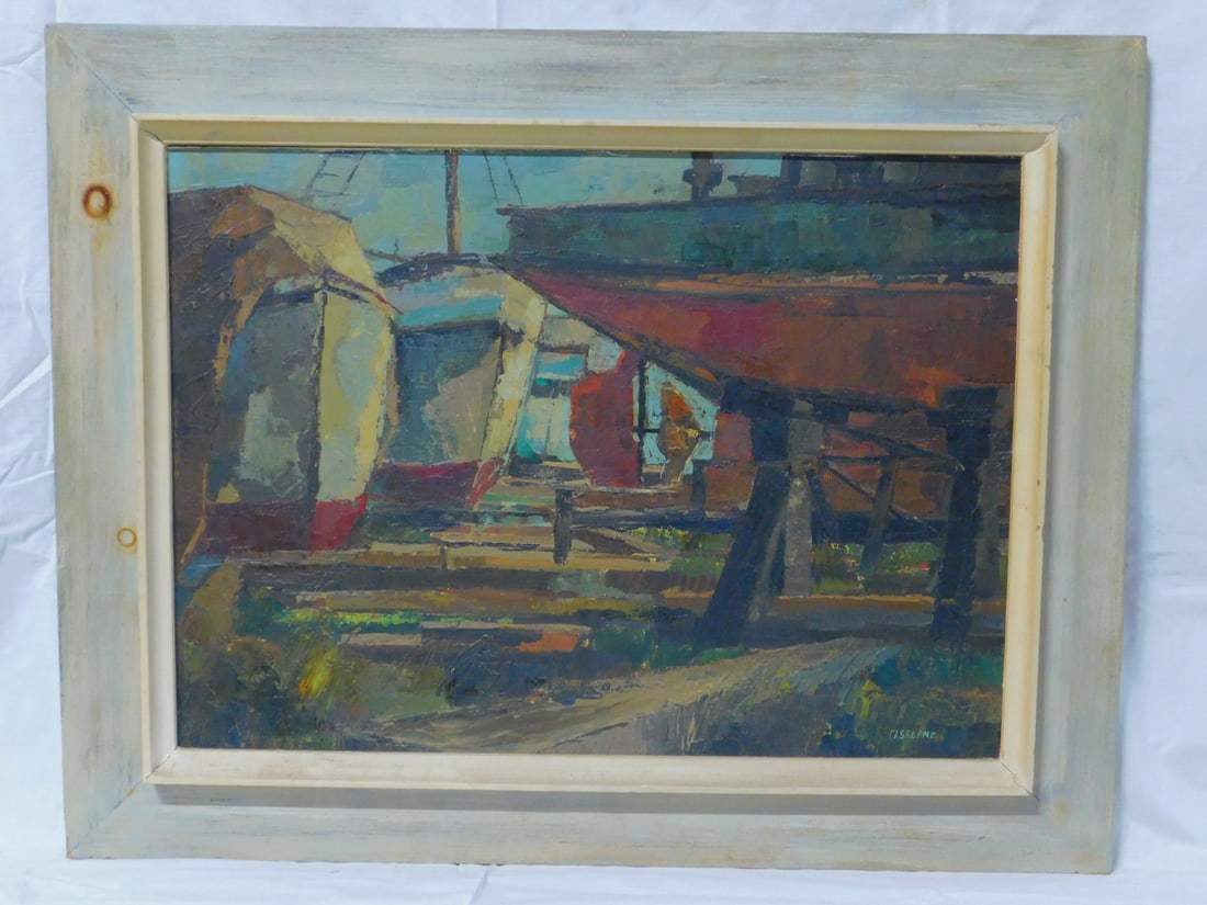 J.A. Casalane - Boats: J.A. Casalane - Boats, signed on front and verso, 1965, oil on Liqoitex panel, ""Wilmington Boatyard" image 16" x 22", wood frame, 21 1/2" x 27 1/2". CONDITION: Good.