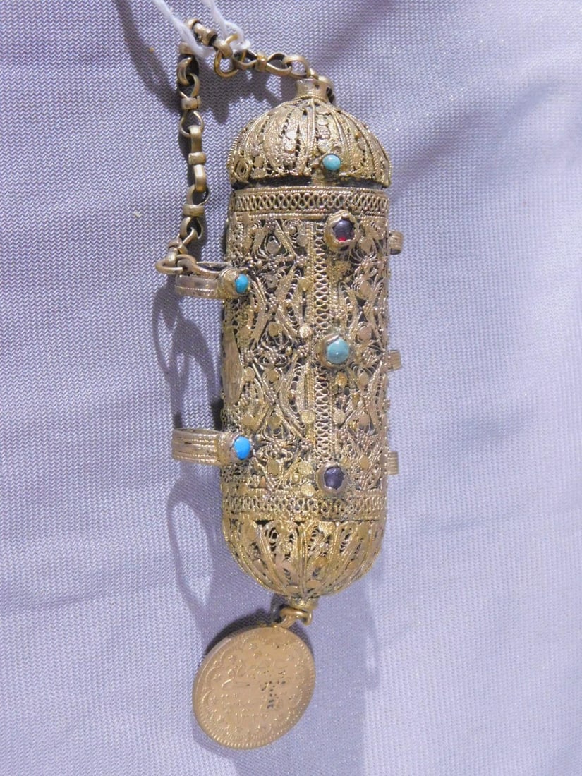 Antique Yemen Mezuzah: Antique Yemen Mezuzah, gold washed filigree with cabochon jewels on a cylindrical form with removable lid and enclosed parchment and a pendant, Turkey, Ottoman Empire five Kourosh circa 1900 coin; 4 3
