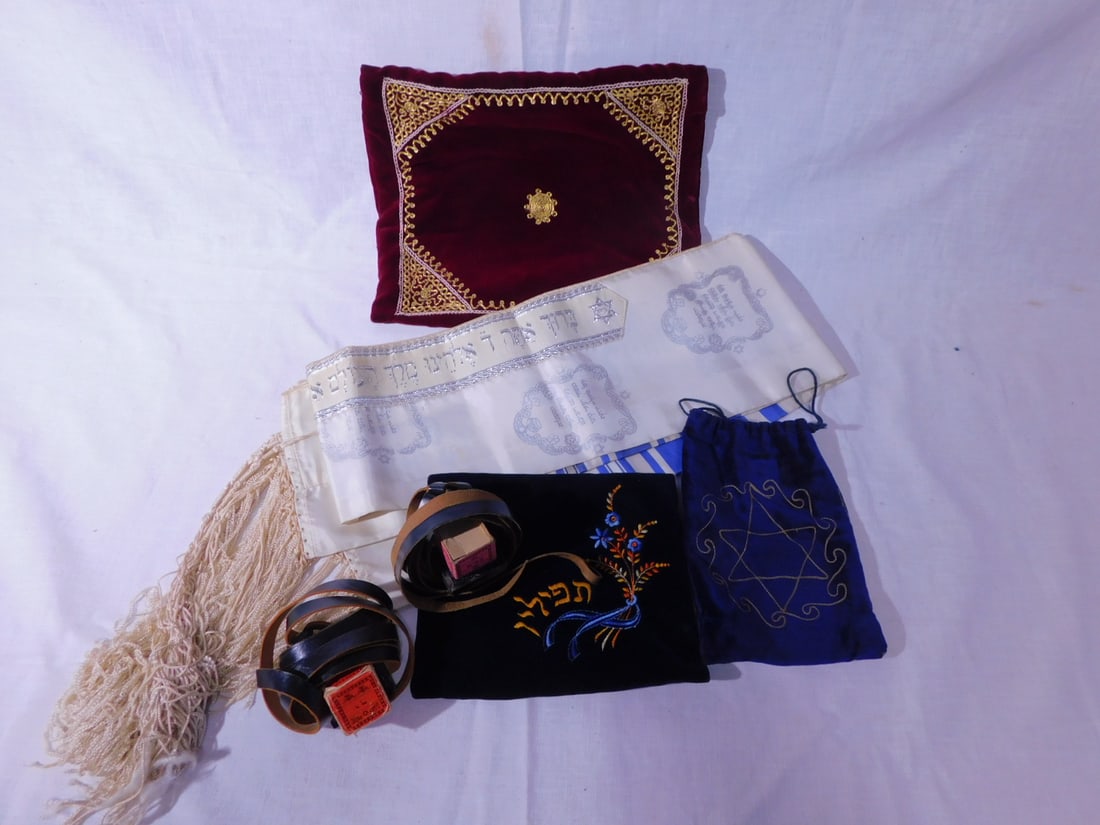 Tifillin and Tallit: Tefflin and Tallit, includes: vintage Tefflin with red paper covered boxes; a blue velour star of David bag and a newer floral embroidered bag; plus a silver thread embroidered Tallit with a gold stit