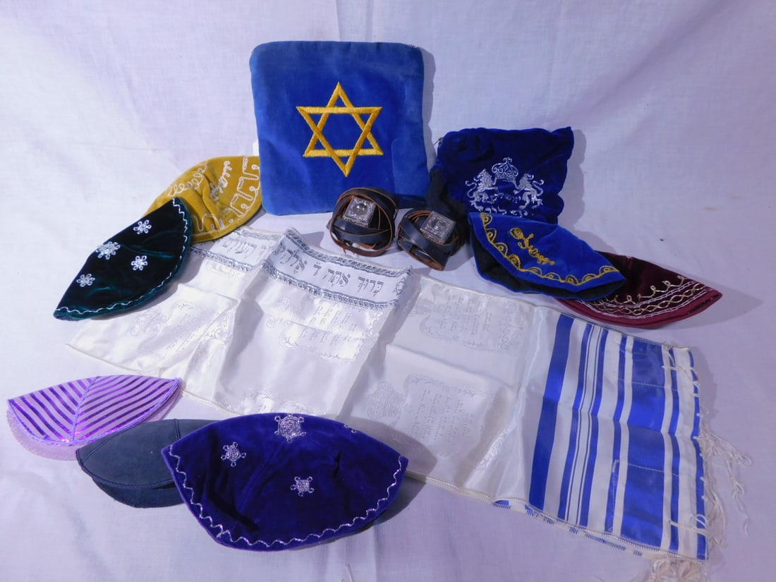 Tefillin, Tallit, Kippahs: Tefillin, Tallit, Kippah, includes: a pair of silver toned embossed Tefillin boxes with leather wraps, with an embroidered bag (bag as is), a silver thread embroidered Tallit with Star of David bag an