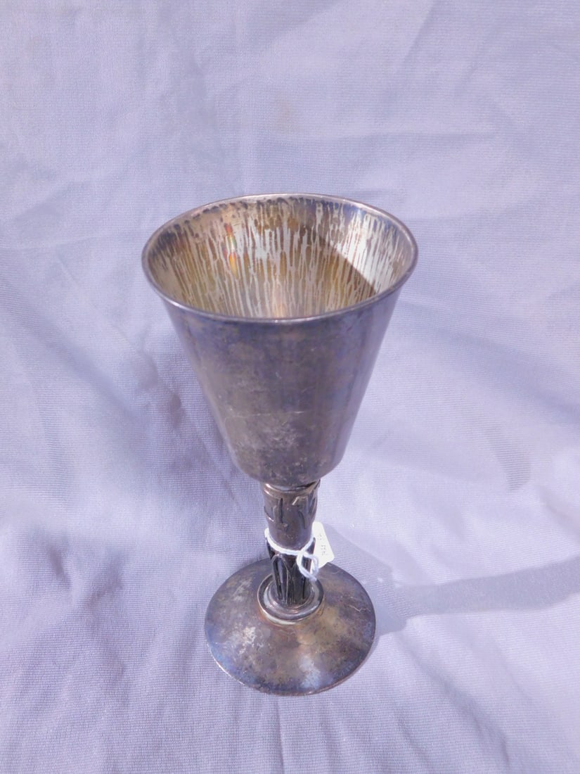 Sterling Kiddush Goblet: Sterling Kiddush Goblet, marked sterling silver, "Hand Made"; engraved dedication on cup, stem with applied Hebrew letters and palm leaves, 7"h, 6.2 ozts. [82] CONDITION: Tarnished, a few scratches.