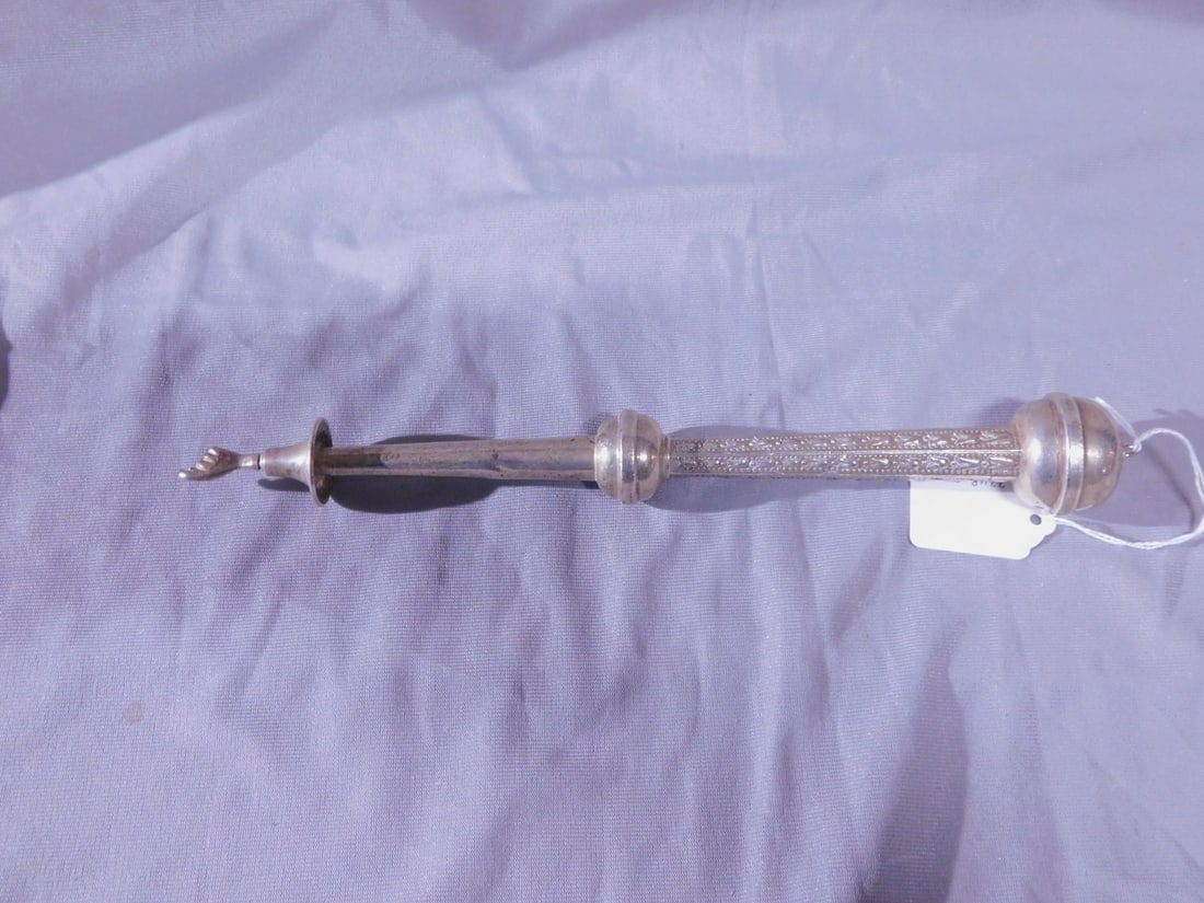 Torah Pointer (Yad): Torah Pointer (Yad), marked sterling, knob top over a hexagonal bead and tulip repousse handle, English engraved shaft, cuffed hand, 11"l, 2.15 ozts. [59] CONDITION: A few small dings, bent pointer fi