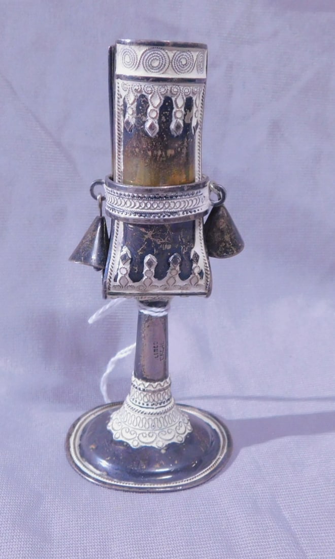 Bezalel Havdalah Candle Holder: Bezalel Havdalah Candle Holder, Mid Eastern silver touch mark; Bezalel - Israel signed, filigree wire ornamentation, two bells, 4 3/4"h, 2.1 ozts. [16] CONDITION: Light Tarnish.