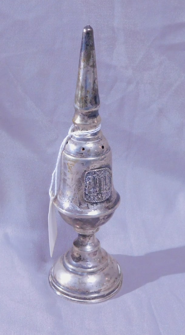 Silver Spice Tower: Silver Spice Tower, Mid Eastern silver touch mark, hand chaised with Hebrew inscriptions; repousse door with lions and tablets, 7 1/8"h, early 20th C.[11] CONDITION: Light tarnish, missing flag crest.