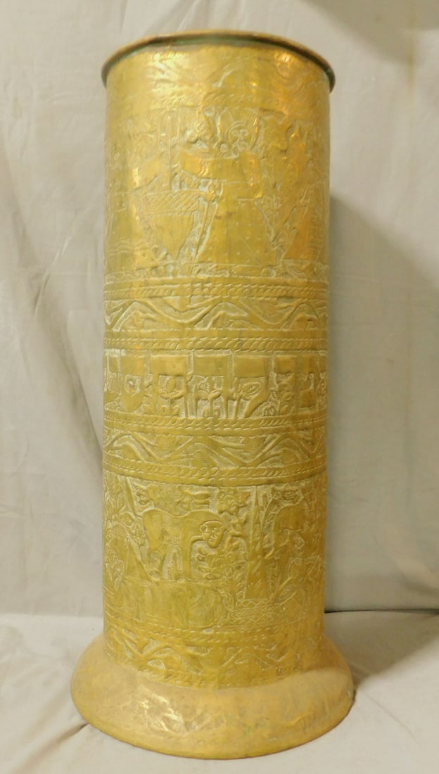 Antique Judaica Umbrella Stand: Antique Judaica Umbrella Stand, embossed and chaised brass depicting High Priests and other figures, numerous animals, flowers, vines and a central band with Hebrew script 19th / 20th C, 26"h, base 12