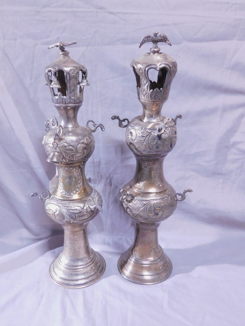 Pr Torah Rimonim (finials): Pair Torah Rimonim (finials), marked sterling silver, repousse and hand chaised acanthus scrolls; bird crested crown with bells, over two graduated melon form bodies with arms to support pendant bells