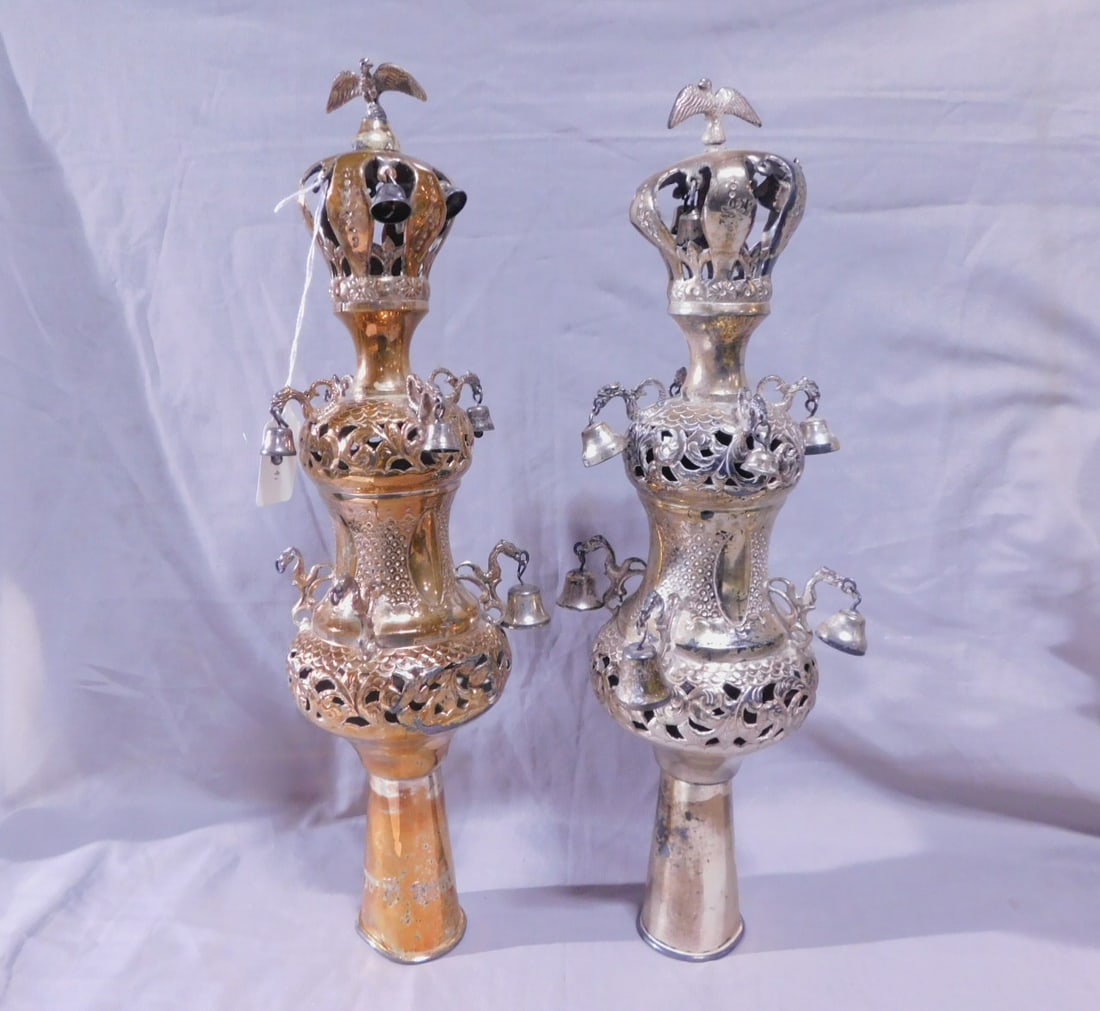 Pr Torah Rimonim (finials): Pair Torah Rimonim (finials), marked sterling silver, pierced acanthus scroll work, hand chaised fish scale and rosettes; bird crested crowns with bells over urn form bodies with dragon arms and and s
