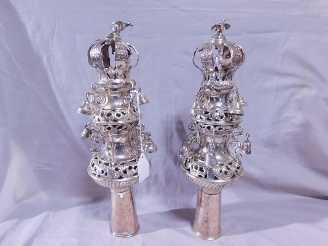 Pr Torah Rimonim: Pair Torah Rimonim, 84 silver and maker's touch marks, foliate open work and chaised motifs, bird crested crowns with bells over double gourd bodies with shaped arms and suspending bells, engraved ded