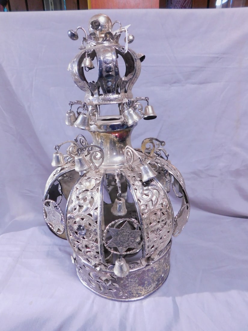 Torah Crown: Torah Crown, unmarked sterling silver (tested), sphere crested small crown with bells upon a larger crown with open work and chaised scroll and rosette panels between Mogen David disks, pendant bells,