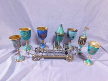 Israeli, Green Enamel Brass Vessels
