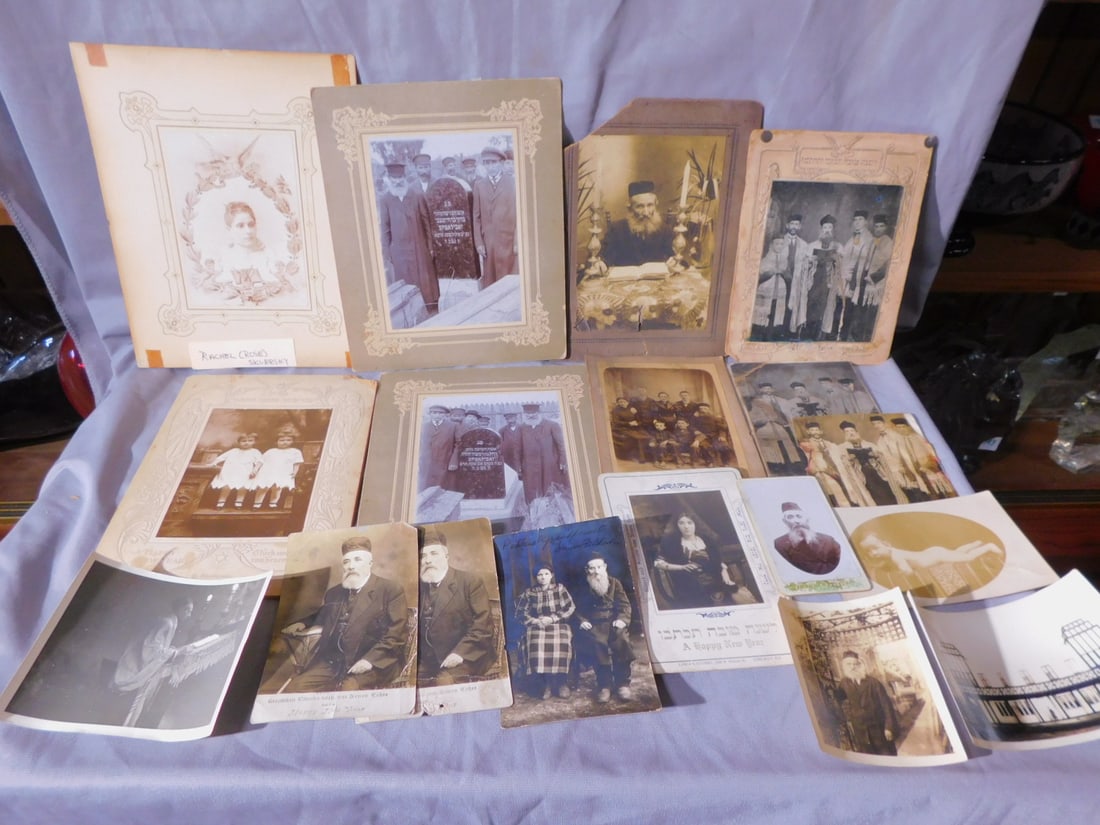 Vintage Jewish Photographs: Vintage Jewish Photographs, 19th and early 20th C, includes: three post cards and photos, some on cardboard backings from 3 1/4" x 4 1/4" to 8" x 10", depicts; figures in prayer attire, graveside, fam