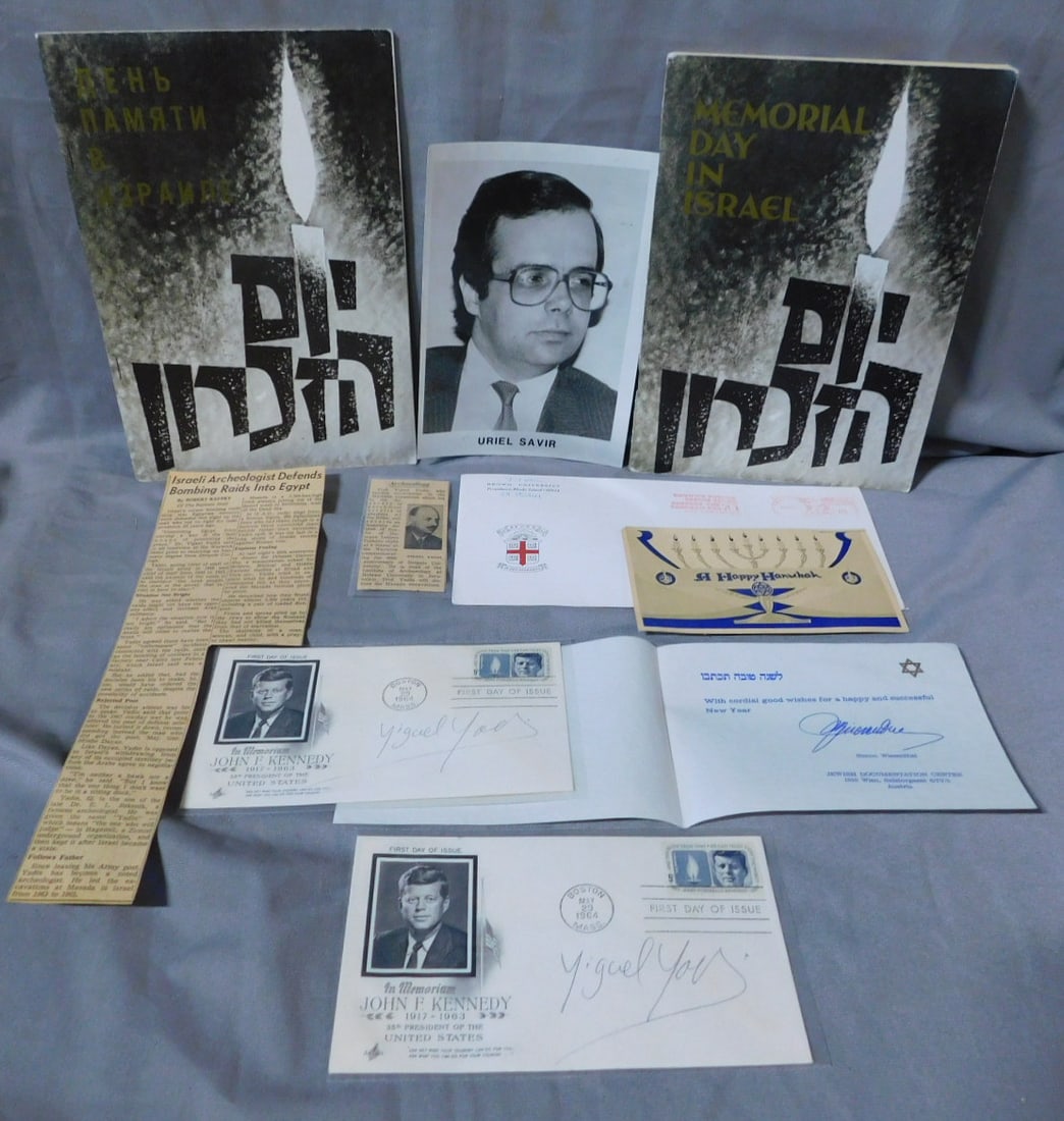 Judaica Ephemera: Judaica Ephemera includes, 2 Yigael Jadin ink signed 1964 1st day Kennedy Covers, he was Israel Army chief of staff 1949-53, & archeologist who led the excavation to Masada & the discovery of parchmen