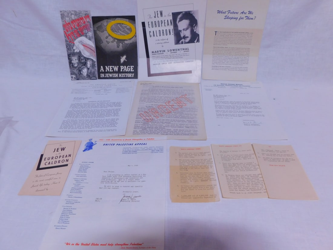 Jewish Refugees & Palestine Ephemera: Jewish Refugees and Palestine Ephemera, WW II era includes: Marvin Lowenthal author, Broadside, brochure and tupe speech highlights; "Jews in the European Caldron"; pamphlet - "United Jewish appeal fo