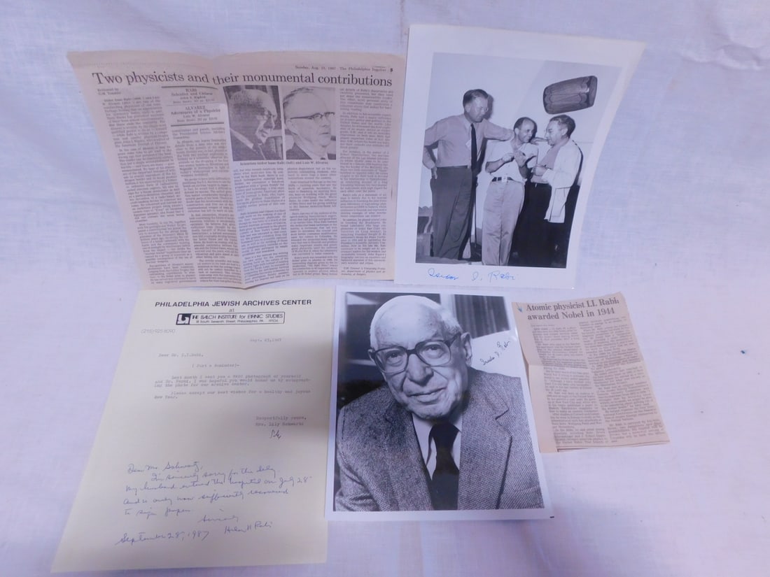 Isidro Isaac Rabbi Ephemers: Isidor Isaac Rabi Ephemers, Hungary / American 1898 - 1988, Atomic Physicist, 1944 Nobel Prize Winner, Manhatton Project; includes: two ink signed 8 1/2" x 11" photographs; a hand written letter from 