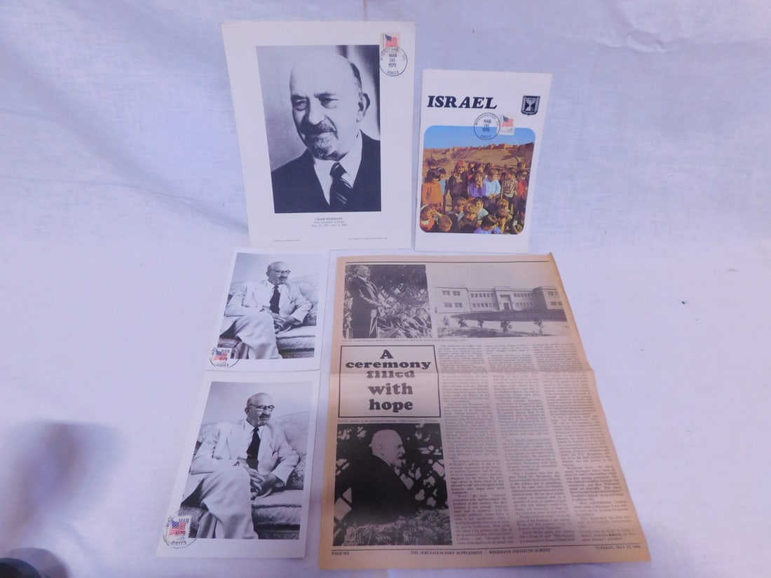 Chaim Weizman Ephemera: Chaim Weizman Ephemera, 1st President of Israel, 1874 - 1952; includes: March 26, 1979 Washington DC postmark with 15? Flag Stamp; two 5" x 7" photos, 8 1/2" x 11" printed photos, an "Israel" pamphlet