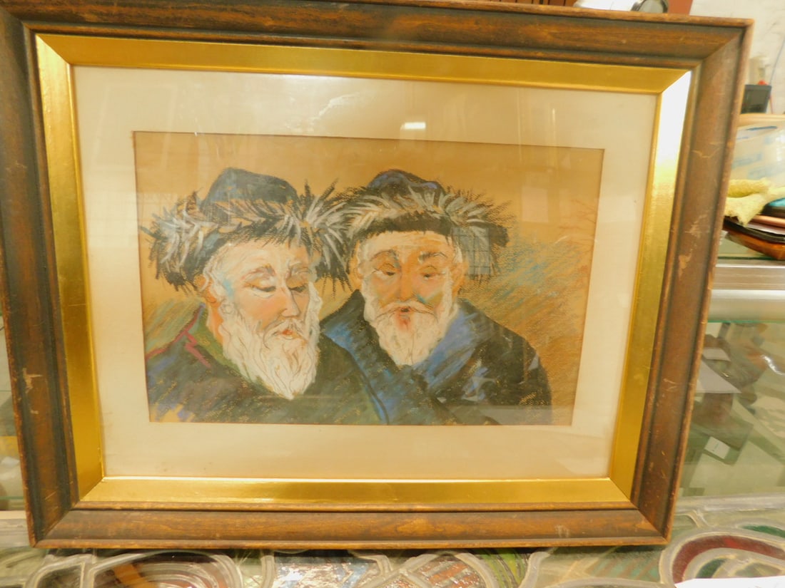 Pastel of 2 Rabbis: Pastel of two Rabbis, unsigned, half portraits of two white bearded rabbis, pastel on paper, matted in wood frame, 15" x 19". CONDITION: Wear to frame. Not examined out of frame.