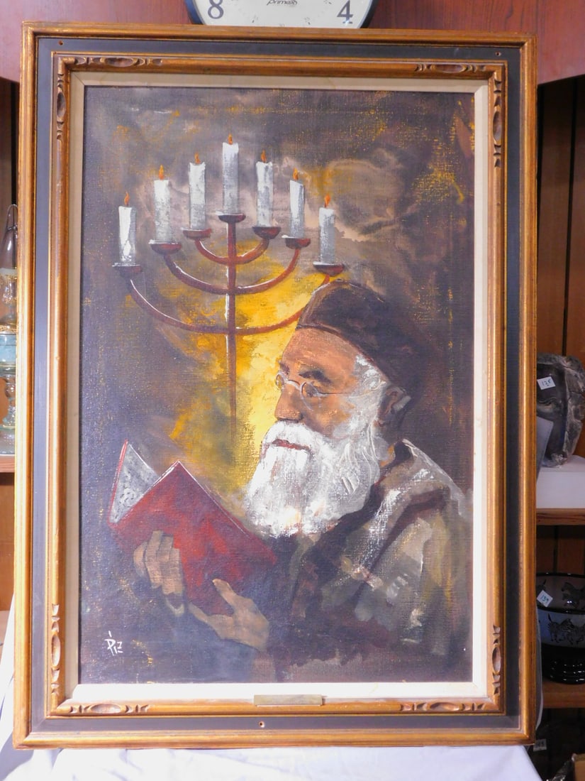 Sabbath Prayer Painting: Sabbath Prayer Painting, monogram signed, oil on canvas, Rabbi with prayer book and Shabbat candelabra, image 24" x 36", carved wood frame.[95] CONDITION: Very good. Drilled holes on frame.