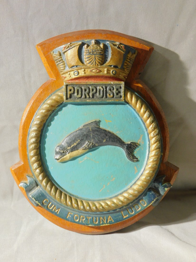 Bronze Painted U.S. Navy Ship Plaque: Bronze Painted U.S. Navy Ship Plaque,submarine, SS-172 (not on plaque), CUN FORTUNA LUDO, featuring a black and white killer whale on a blue sea background, rope design edge, crown at top and banner u