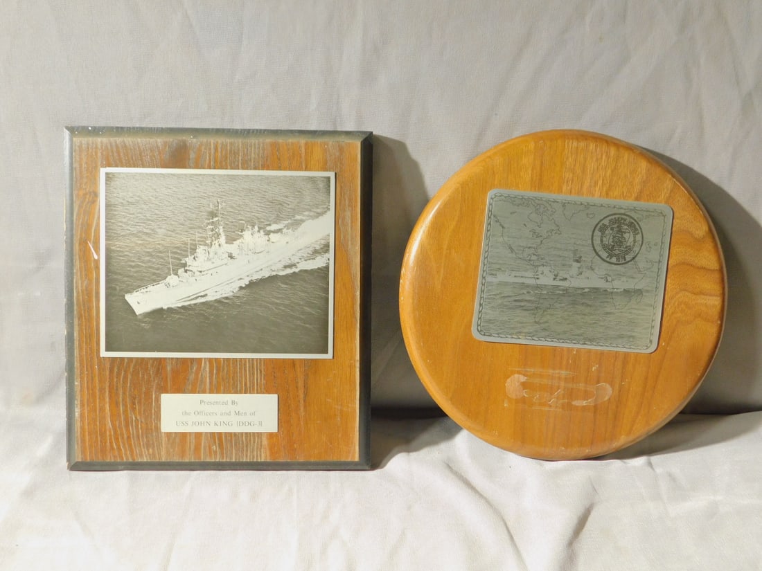 2 Metal U.S. Navy Ship Plaques: Two Metal U.S. Navy Ship Plaques, including: U.S.S. Joseph Hewes, FF 1078, photo of ship over world map, 5" x 4", plus U.S.S. John King - DD6-3, ship on ocean, with bottom plaque "Presented by The Off