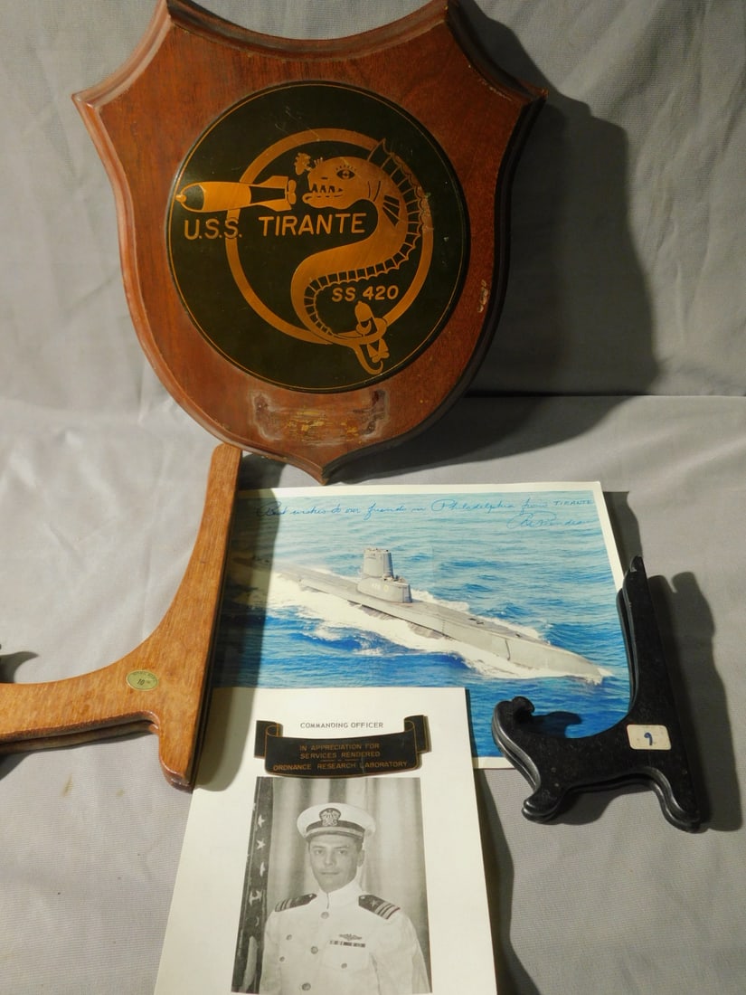 Mounted Metal U.S. Navy Ship Plaque: Mounted Metal U.s. Navy Ship Plaque, U.S.S. Tiranti, SS 420 (Trench Class Submarine), with sea snake and torpedoes, 7"d with ribbon from "Presentation Plaque" in appreciation for services rendered - O