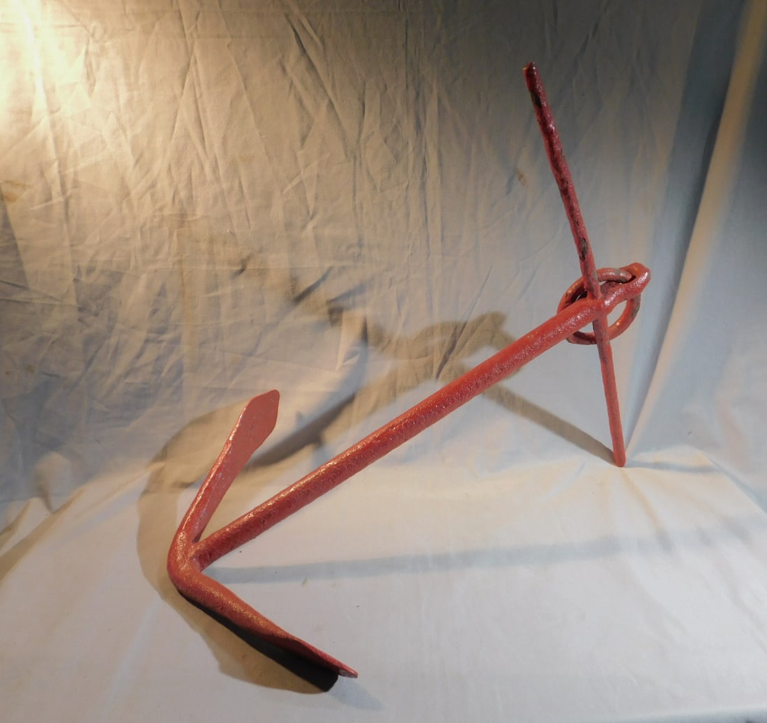 Boat Anchor: Boat Anchor, red painted wrought iron, 19th / 20th C, 20" x 18' x 14". CONDITION: Some pitting and paint wear.