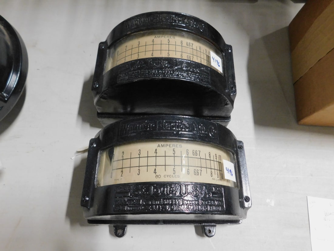 Pr Wagner Electric Amperes Meters: Pair Wagner Electric Amperes Meters, St. Louis, U.S.A. No. 11, WA Latian, patents 616339, issued, Dec. 28, 1898 and other patents, 9 1/2' x 7" deep, curved front. CONDITION: Minor wear, untested, need