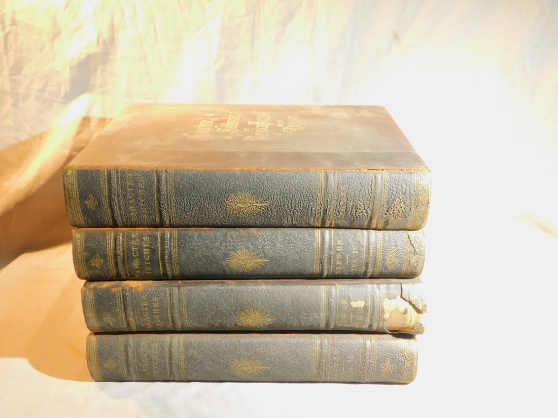 4 Volumes - Character Sketches: 4 Volumes - Character Sketches of Romance, Fiction and the Drama, by the Rev. E. Cobham Brewer, LLD, 1892, Selmor Hess, publisher, heavily illustrated with leather edge and corner covers. Condition: s